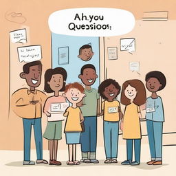 Illustrate a friendly and welcoming scenario with the words 'Any Questions?' & 'Thank You' displayed prominently, featuring diverse characters and a pleasant environment.