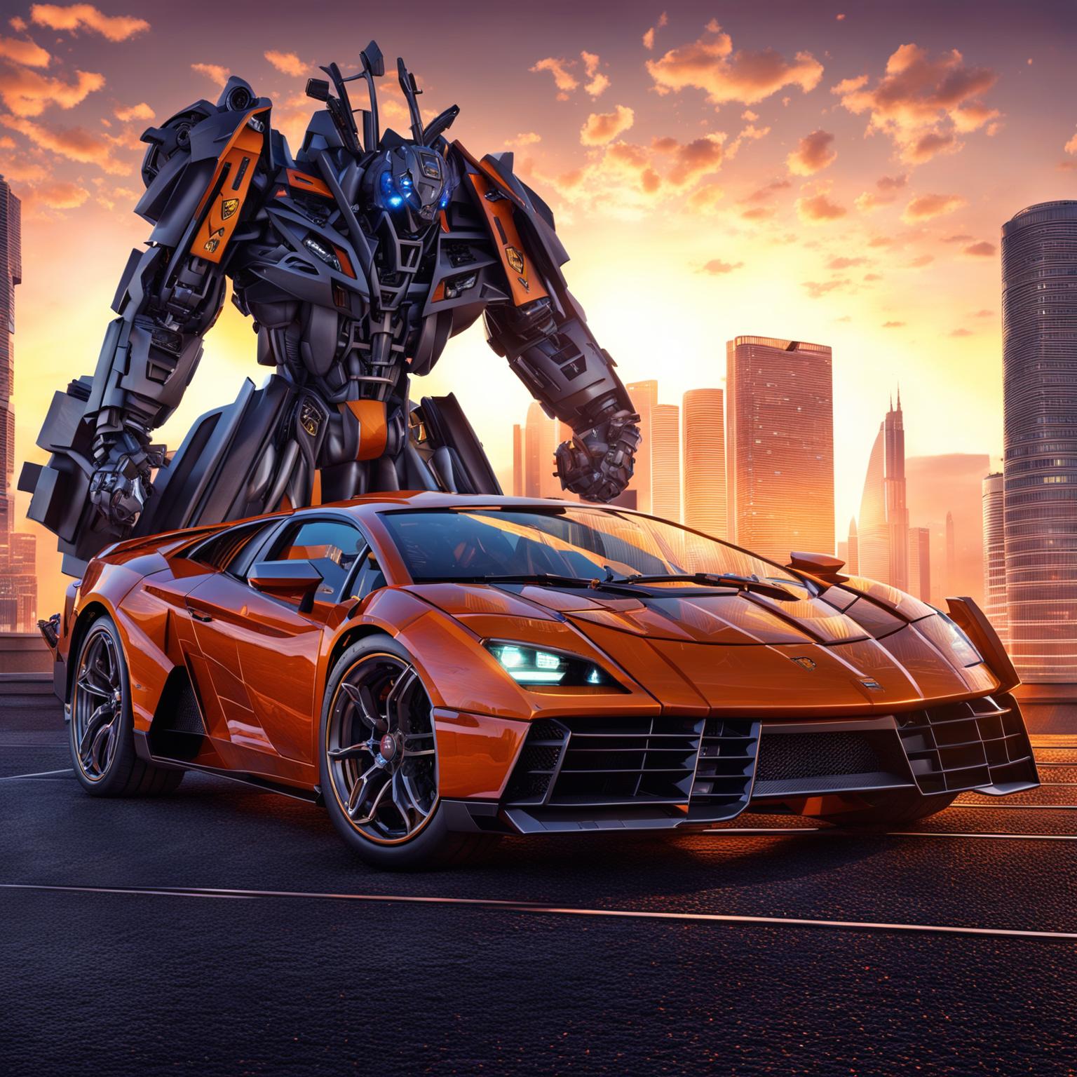 A high-resolution digital art image of two Lamborghini cars mid-transformation into Transformers