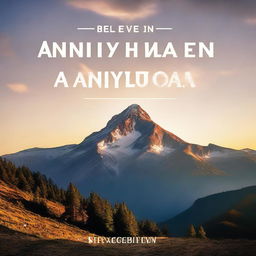 Generate a motivational landscape image with the sunrise over a mountain peak, with a quote 'Believe in Yourself, Anything is Possible' in bold foreground letters.