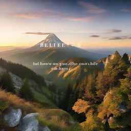 Generate a motivational landscape image with the sunrise over a mountain peak, with a quote 'Believe in Yourself, Anything is Possible' in bold foreground letters.