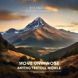 Generate a motivational landscape image with the sunrise over a mountain peak, with a quote 'Believe in Yourself, Anything is Possible' in bold foreground letters.