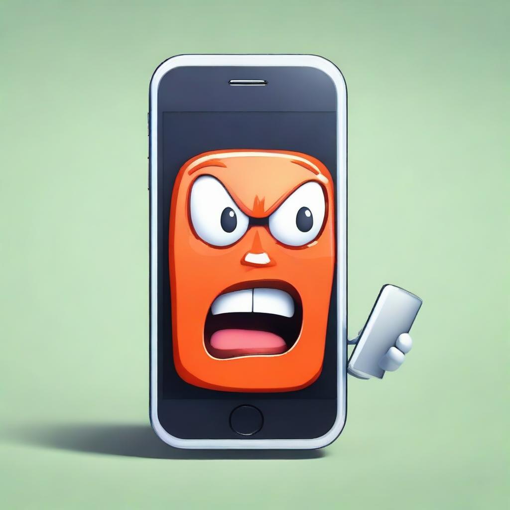 An anthropomorphic iPhone with a comically exaggerated angry face, its screen displaying low battery and an empty plate symbol.