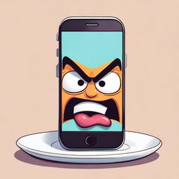 An anthropomorphic iPhone with a comically exaggerated angry face, its screen displaying low battery and an empty plate symbol.