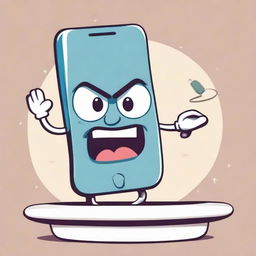 An anthropomorphic iPhone with a comically exaggerated angry face, its screen displaying low battery and an empty plate symbol.