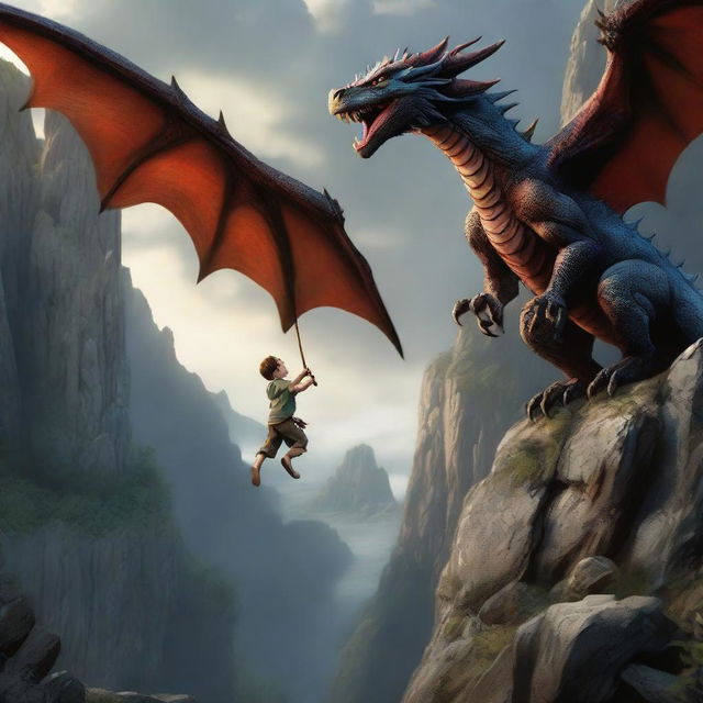 A hyperrealistic scene where a young boy hangs perilously from a rocky cliff edge as a ferocious dragon swoops in mid-attack.