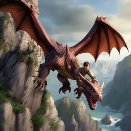 A hyperrealistic scene where a young boy hangs perilously from a rocky cliff edge as a ferocious dragon swoops in mid-attack.