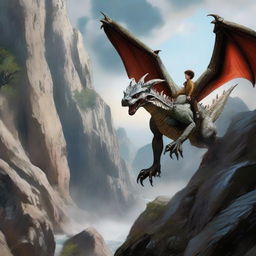 A hyperrealistic scene where a young boy hangs perilously from a rocky cliff edge as a ferocious dragon swoops in mid-attack.