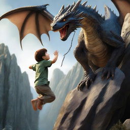 A hyperrealistic scene where a young boy hangs perilously from a rocky cliff edge as a ferocious dragon swoops in mid-attack.