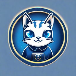 Design a circular logo with a dark blue background and lighter outline. At the center, depict a stylized gamer cat with a headset featuring luminous details and holding a controller. The cat has shining eyes and displays a friendly, excited expression.