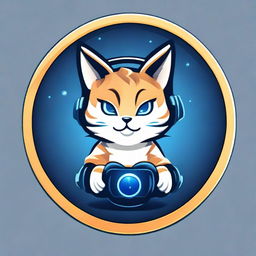 Design a circular logo with a dark blue background and lighter outline. At the center, depict a stylized gamer cat with a headset featuring luminous details and holding a controller. The cat has shining eyes and displays a friendly, excited expression.