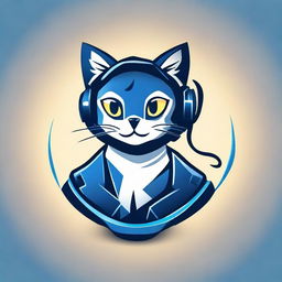 Design a circular logo with a dark blue background and lighter outline. At the center, depict a stylized gamer cat with a headset featuring luminous details and holding a controller. The cat has shining eyes and displays a friendly, excited expression.