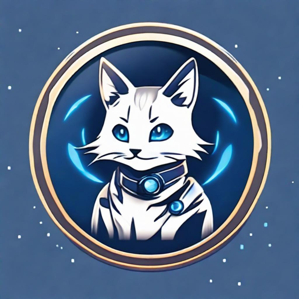 Design a circular logo with a dark blue background and lighter outline. At the center, depict a stylized gamer cat with a headset featuring luminous details and holding a controller. The cat has shining eyes and displays a friendly, excited expression.