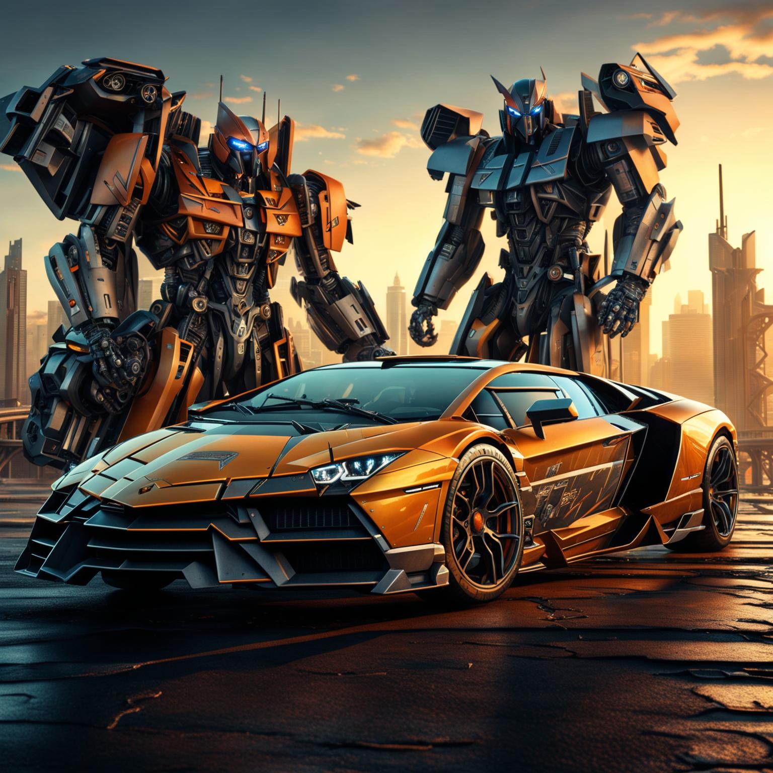 A 4K resolution digital art image depicting Lamborghini cars as Transformers