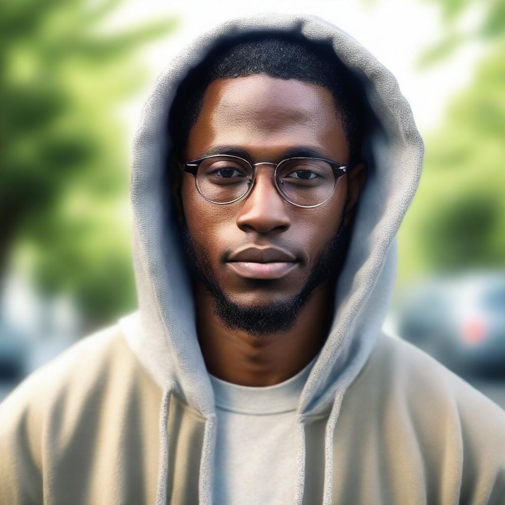 An ultra-realistic portrait of a 28-year-old African American man on glasses, with light skin and a low haircut, while being clean-shaven. He is radiating peace and boldness, and is wearing a hoodie with the hood down in a serene outdoor setting