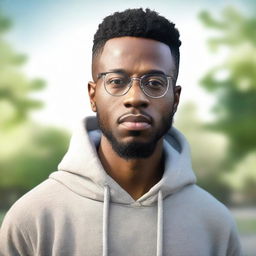 An ultra-realistic portrait of a 28-year-old African American man on glasses, with light skin and a low haircut, while being clean-shaven. He is radiating peace and boldness, and is wearing a hoodie with the hood down in a serene outdoor setting