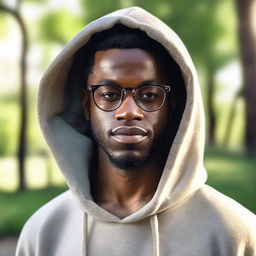 An ultra-realistic portrait of a 28-year-old African American man on glasses, with light skin and a low haircut, while being clean-shaven. He is radiating peace and boldness, and is wearing a hoodie with the hood down in a serene outdoor setting