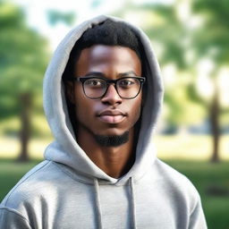 An ultra-realistic portrait of a 28-year-old African American man on glasses, with light skin and a low haircut, while being clean-shaven. He is radiating peace and boldness, and is wearing a hoodie with the hood down in a serene outdoor setting