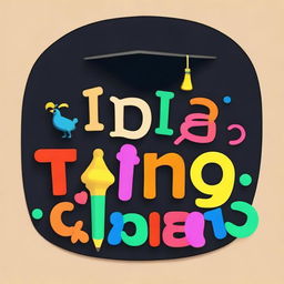 Create a logo with a cheerful chalkboard framed by colorful playful smiling letters. Include a pencil with its tip shaped like a graduation cap, symbolizing a balance between fun and English learning.