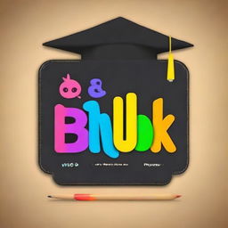 Create a logo with a cheerful chalkboard framed by colorful playful smiling letters. Include a pencil with its tip shaped like a graduation cap, symbolizing a balance between fun and English learning.