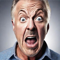 Create an image of a man displaying an expression of intense shock and surprise.