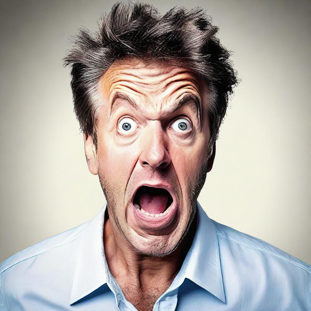 Create an image of a man displaying an expression of intense shock and surprise.