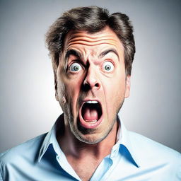 Create an image of a man displaying an expression of intense shock and surprise.