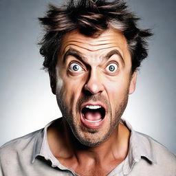 Create an image of a man displaying an expression of intense shock and surprise.