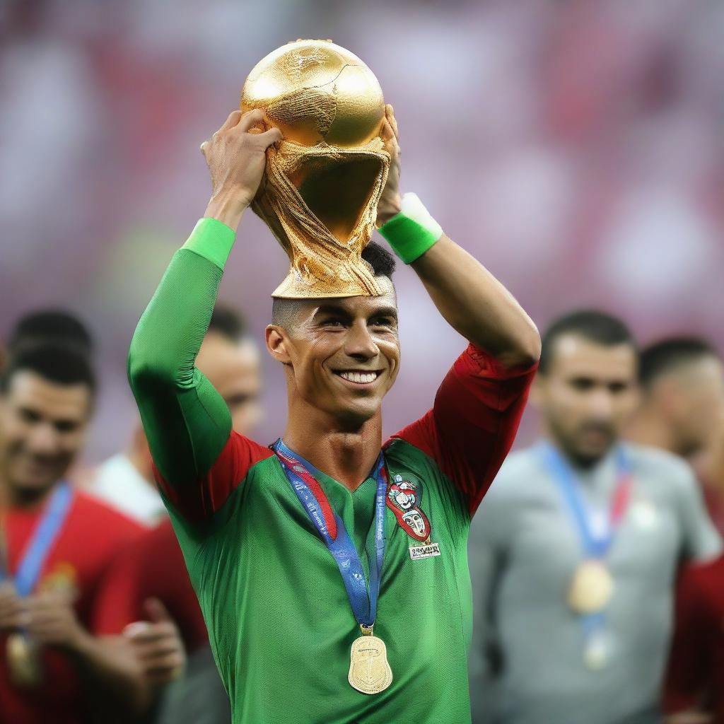 Cristiano Ronaldo, wearing his Portugal national soccer team kit, enthusiastically holding up the FIFA World Cup Trophy.