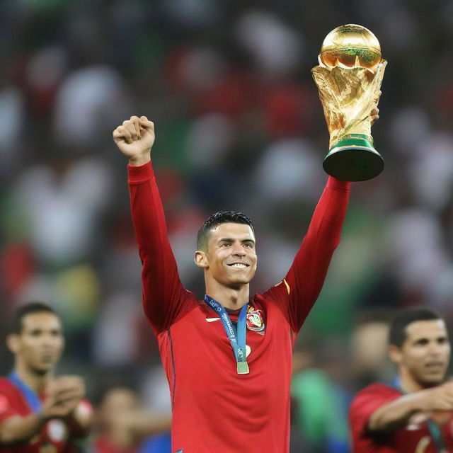 Cristiano Ronaldo, wearing his Portugal national soccer team kit, enthusiastically holding up the FIFA World Cup Trophy.