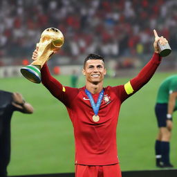 Cristiano Ronaldo, wearing his Portugal national soccer team kit, enthusiastically holding up the FIFA World Cup Trophy.