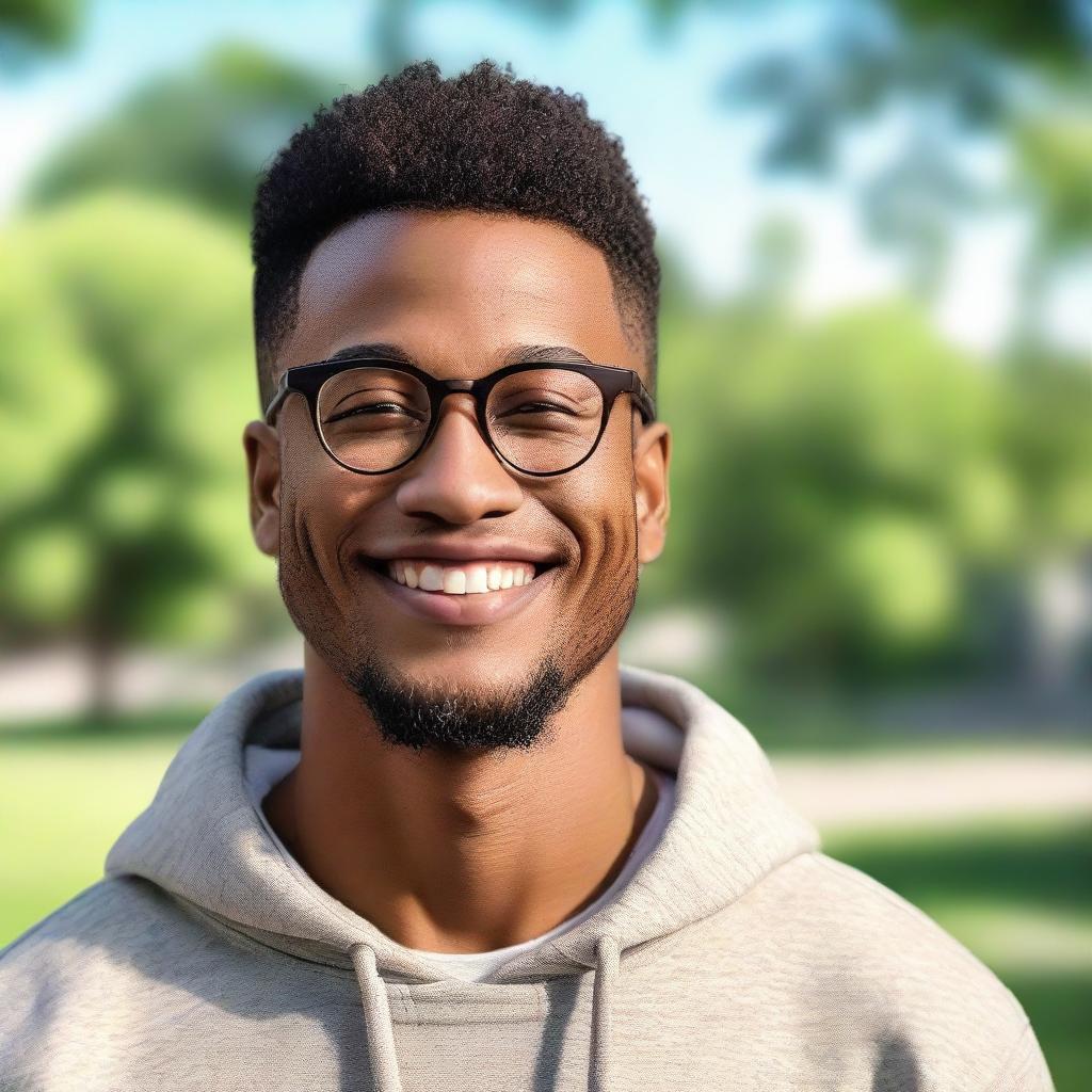 Ultra-realistic image of a smiling, glasses-wearing, 28-year-old African-American male with light skin and a low haircut. He exudes peace and boldness, posed in a serene outdoor setting, wearing a hoodie with the hood down, under an 80mm lens effect.