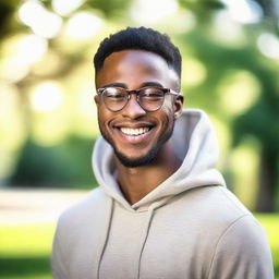 Ultra-realistic image of a smiling, glasses-wearing, 28-year-old African-American male with light skin and a low haircut. He exudes peace and boldness, posed in a serene outdoor setting, wearing a hoodie with the hood down, under an 80mm lens effect.