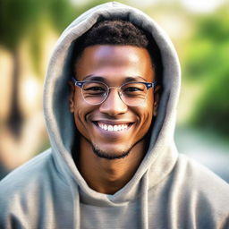 Ultra-realistic image of a smiling, glasses-wearing, 28-year-old African-American male with light skin and a low haircut. He exudes peace and boldness, posed in a serene outdoor setting, wearing a hoodie with the hood down, under an 80mm lens effect.