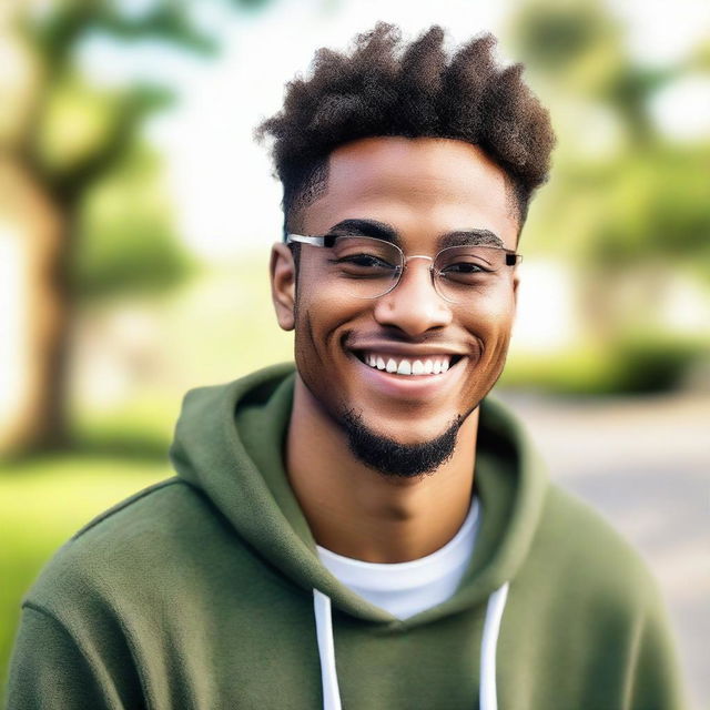 Ultra-realistic image of a smiling, glasses-wearing, 28-year-old African-American male with light skin and a low haircut. He exudes peace and boldness, posed in a serene outdoor setting, wearing a hoodie with the hood down, under an 80mm lens effect.