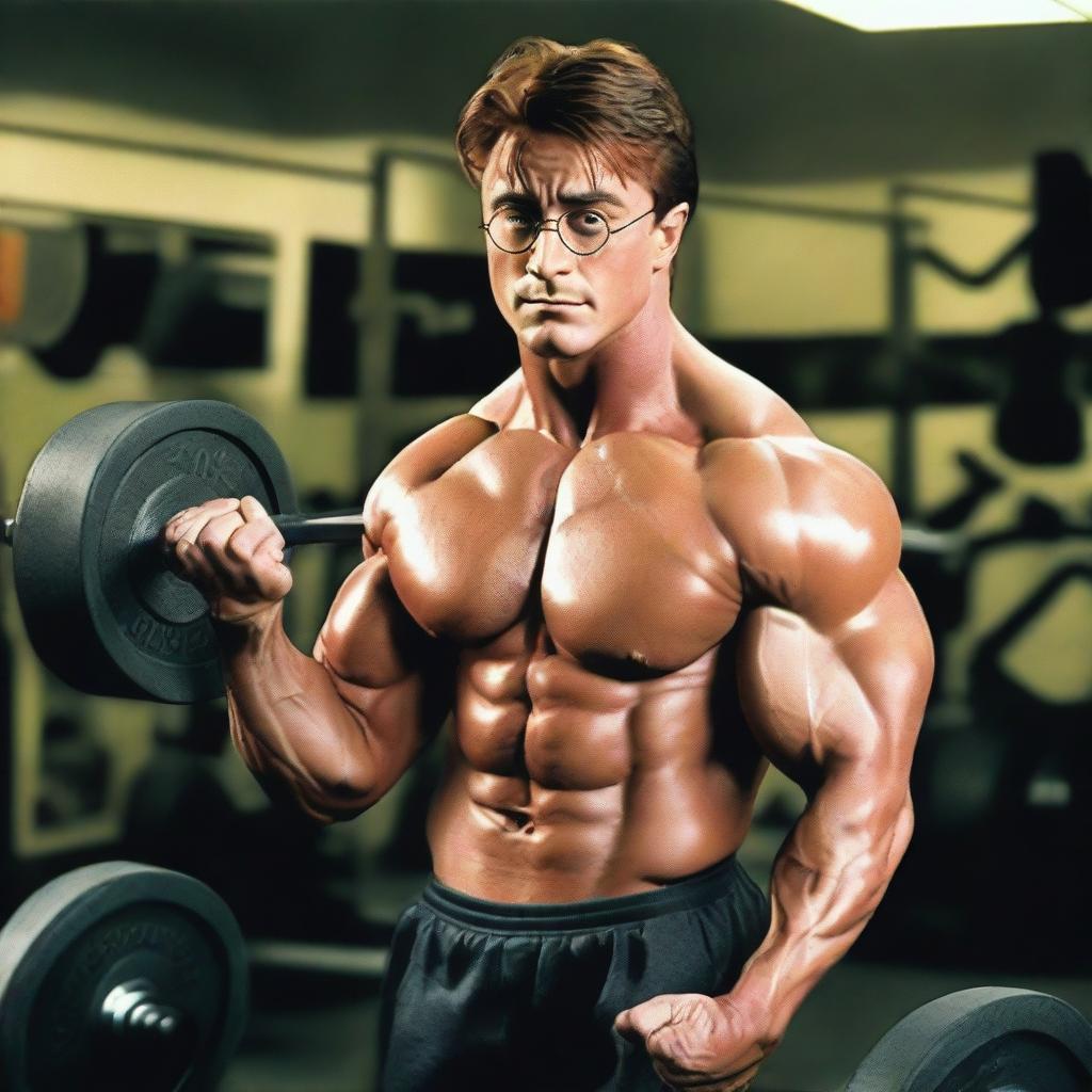 An image of Harry Potter as a super-muscular bodybuilder, lifting heavyweight at Gold's Gym, dressed in workout gear with a wand in his hand.