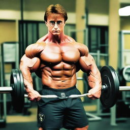 An image of Harry Potter as a super-muscular bodybuilder, lifting heavyweight at Gold's Gym, dressed in workout gear with a wand in his hand.