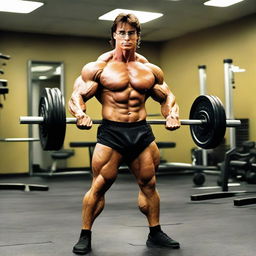 An image of Harry Potter as a super-muscular bodybuilder, lifting heavyweight at Gold's Gym, dressed in workout gear with a wand in his hand.