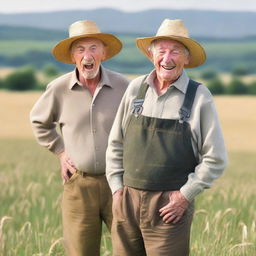 An elderly farmer standing in a wide field, displaying a facial expression of surprise