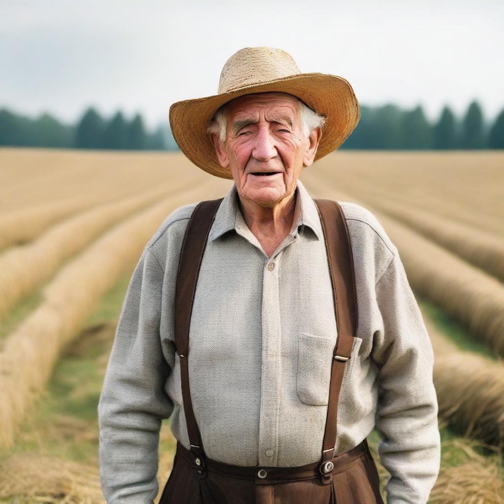 An elderly farmer standing in a wide field, displaying a facial expression of surprise