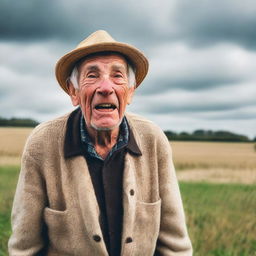 An elderly farmer standing in a wide field, displaying a facial expression of surprise