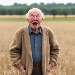 An elderly farmer standing in a wide field, displaying a facial expression of surprise