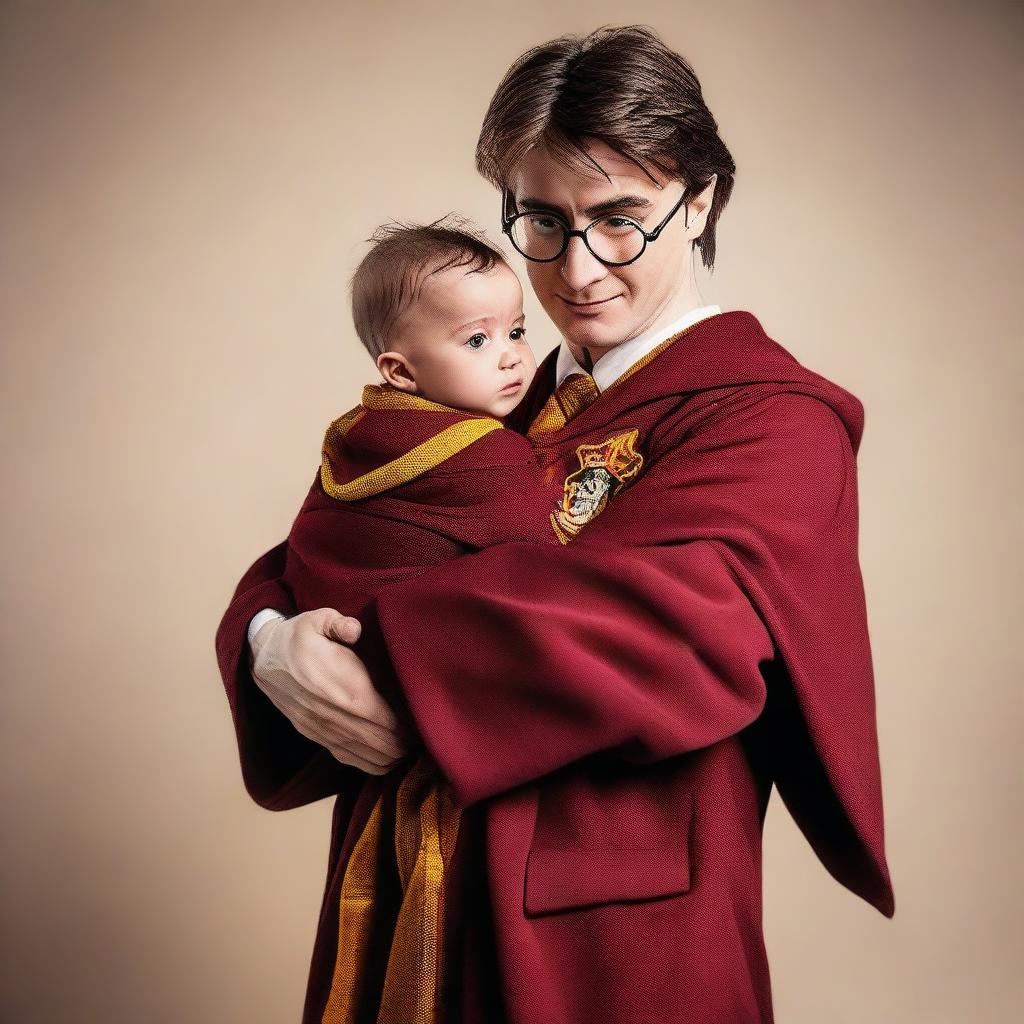 An image showing muscular Harry Potter triumphantly raising his newborn baby in his arms with joy and pride, both of them wearing matching wizard robes.