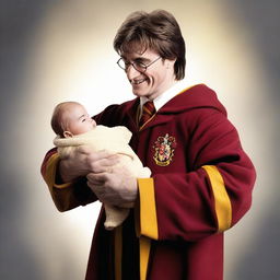 An image showing muscular Harry Potter triumphantly raising his newborn baby in his arms with joy and pride, both of them wearing matching wizard robes.