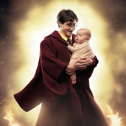 An image showing muscular Harry Potter triumphantly raising his newborn baby in his arms with joy and pride, both of them wearing matching wizard robes.