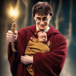 An image showing muscular Harry Potter triumphantly raising his newborn baby in his arms with joy and pride, both of them wearing matching wizard robes.