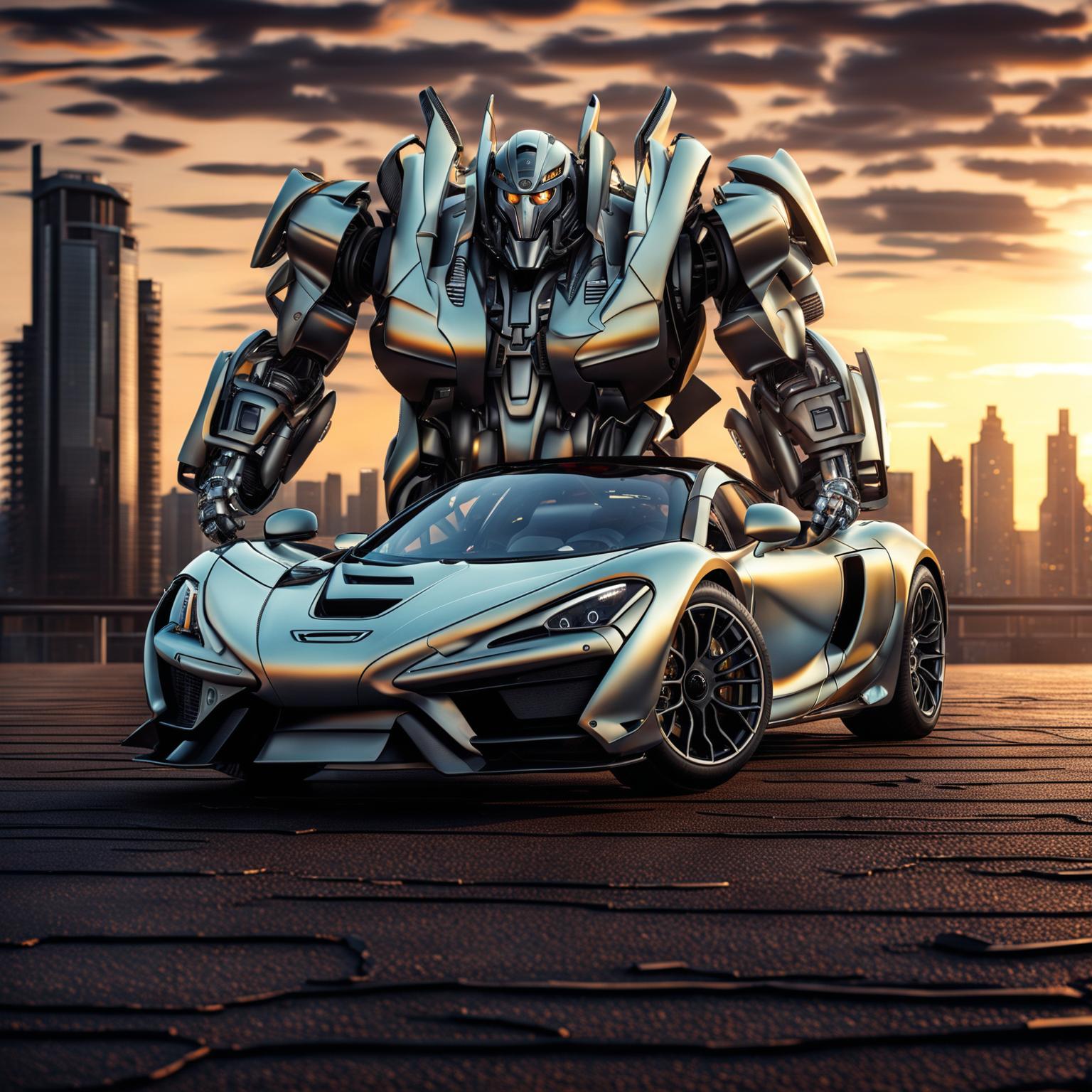 A 4K resolution digital art image showcasing a McLaren car as a Transformer