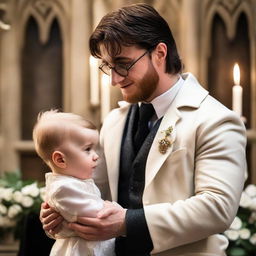 An image illustrating a muscular Harry Potter, holding his baby, exchanging wedding vows. Harry is wearing a fine wizard wedding suit, and the setting matches a magical wedding theme.