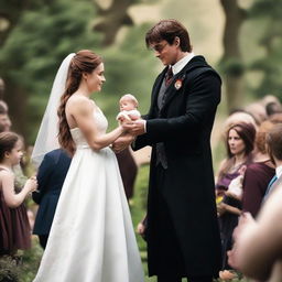 An image illustrating a muscular Harry Potter, holding his baby, exchanging wedding vows. Harry is wearing a fine wizard wedding suit, and the setting matches a magical wedding theme.