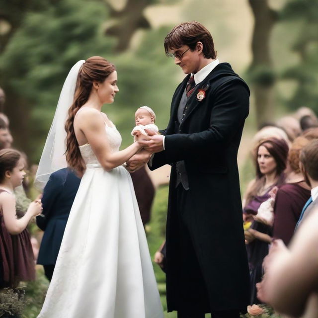 An image illustrating a muscular Harry Potter, holding his baby, exchanging wedding vows. Harry is wearing a fine wizard wedding suit, and the setting matches a magical wedding theme.