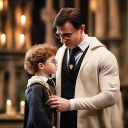 An image illustrating a muscular Harry Potter, holding his baby, exchanging wedding vows. Harry is wearing a fine wizard wedding suit, and the setting matches a magical wedding theme.